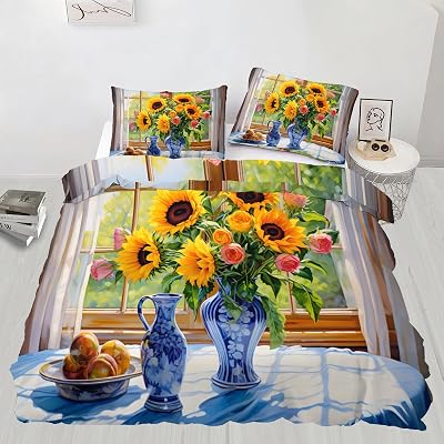 Sunflowers Bedding Sets Twin Blue and White Vase Duvet Cover Still Life Oil Painting Kids Duvet Cover with 2 Pillow Cases
