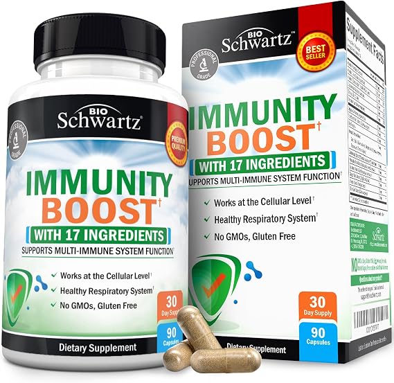 Immune Support Supplement for Adults with Vitamin C and Zinc, 90 Capsules | Elderberry, Ginger, Bee Propolis, Beta Carotenes Immunity Boost for Adults, Immune Defense Antioxidant Vitamins, BioSchwartz