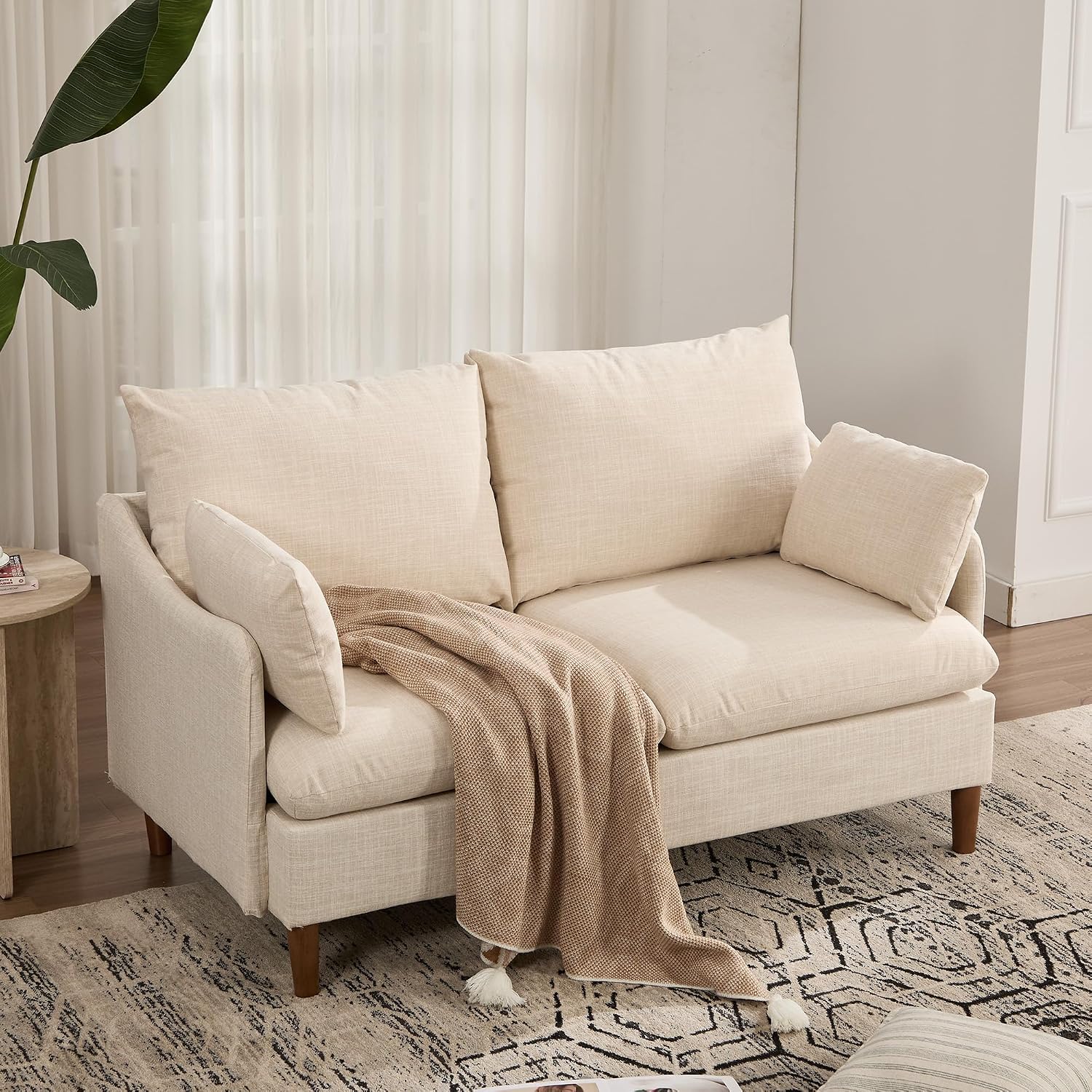 Kingfun 153cm Small 2 Seater Sofa, Linen Loveseat Sofa with 2 Pillows & Curved Armrests for Small Space, Deep Seat Small Couch with Spring Cushions for Living Room & Bedroom, Beige