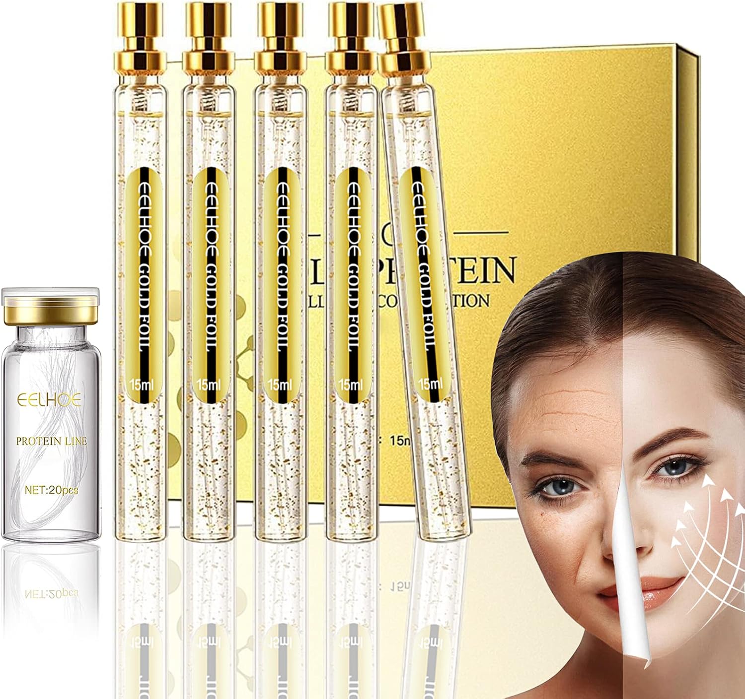 Ganbaro Soluble Protein Thread & Nano Gold Essence Combination, Protein Thread Lifting Set, Collagen Threadsfor Face Lift, Nano Gold Essence Skin Care Set 4pcs Serum  1 Bottles Protein Thread