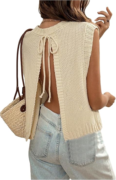 GORGLITTER Women's Backless Sweater Vest Crochet Lightweight Knit Tank Top