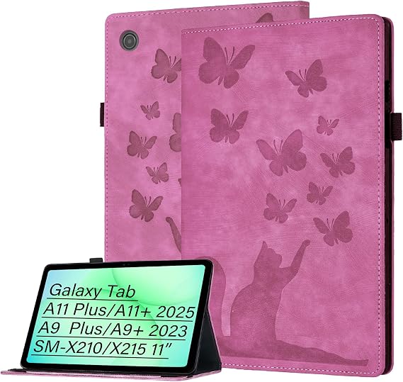 Tab Case for Samsung Galaxy Tab A11 Plus/A11+ 2025 A9 Plus/A9+ 2023 PU Leather Cat&Butterfly Flip Tablet Cover, Stand, Scratch-Resistant, Card Slot, Pen Holder, Pink