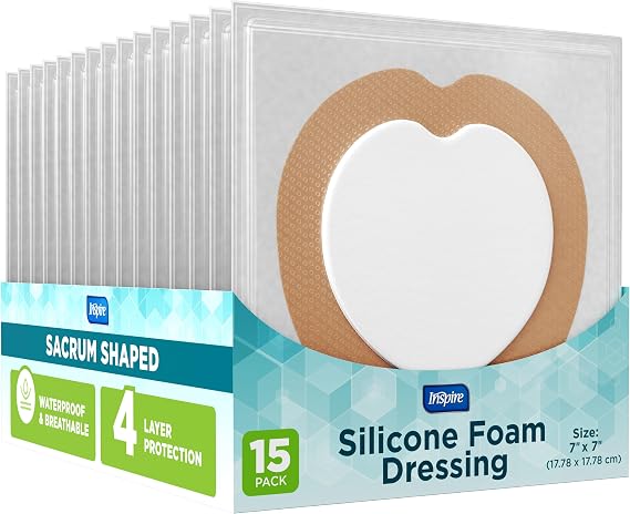 Inspire Sacral Silicone Foam Dressing Large Waterproof Bandages for Wounds, Burns & Bed Sores Safe for Sensitive Skin, Adhesive Pad Sacrum Dressings for Post-Surgery Wound Care (7 x 7 in) (15 Pack)