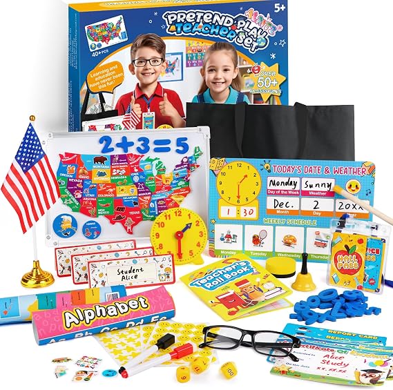 Alritz Role Pretend Teacher Playset School Toys Kit for Kids Ages 6+ | includes map, calendar & white board, school role play, interactive learning toy set