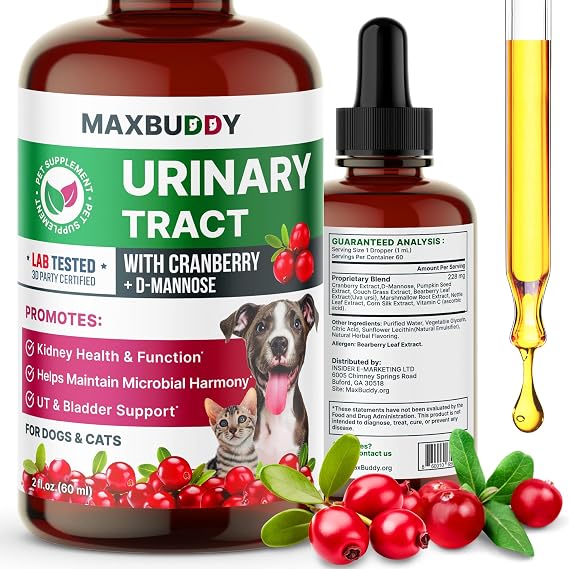 MaxBuddy Natural UTI Treatment Support - Cranberry Urinary Tract Infection Care & Prevention Assistance for Cats and Dogs Kidney & Bladder Wellness Supplement Drops - Support for Urine Flow