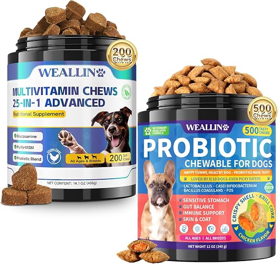 WEALLIN Dog Probiotic Chews + Multivitamin Chews Bundle Digestive Balance & Daily Vitality Support | Supports Gut Health, Energy & Skin Nutrition