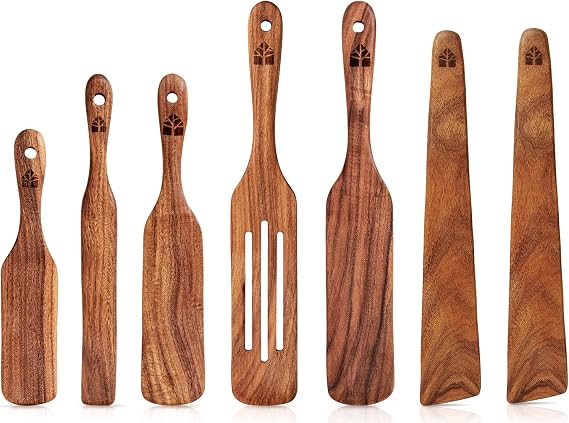 Wooden Spurtle & Spatula Set Non-Stick Cookware for Serving, Stirring, Flipping, Mixing, Scraping, Scooping