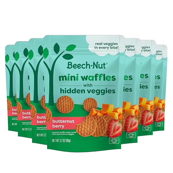 Beech-Nut Toddler Snacks, Mini Waffles with Hidden Veggies, Butternut Berry, Non-GMO, 3.2 oz Bag (7 Pack)