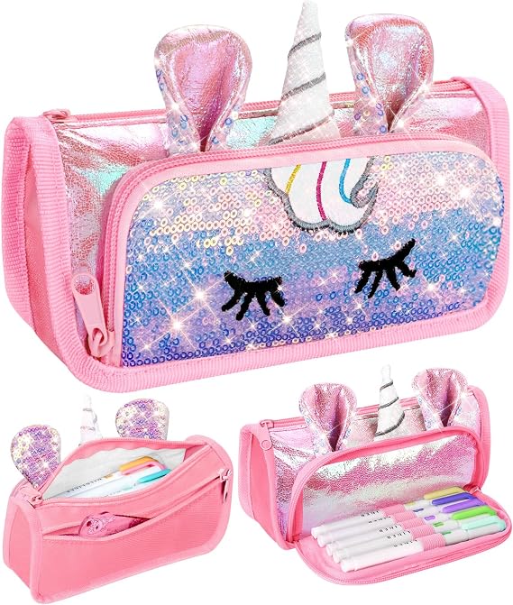 Cute Pencil Case, 3D Pencil Pouch for Girls Kids, Sparkly Pencil Bag with Sequins for Students, Glitter Bling School Supplies Stationary Pen Holder