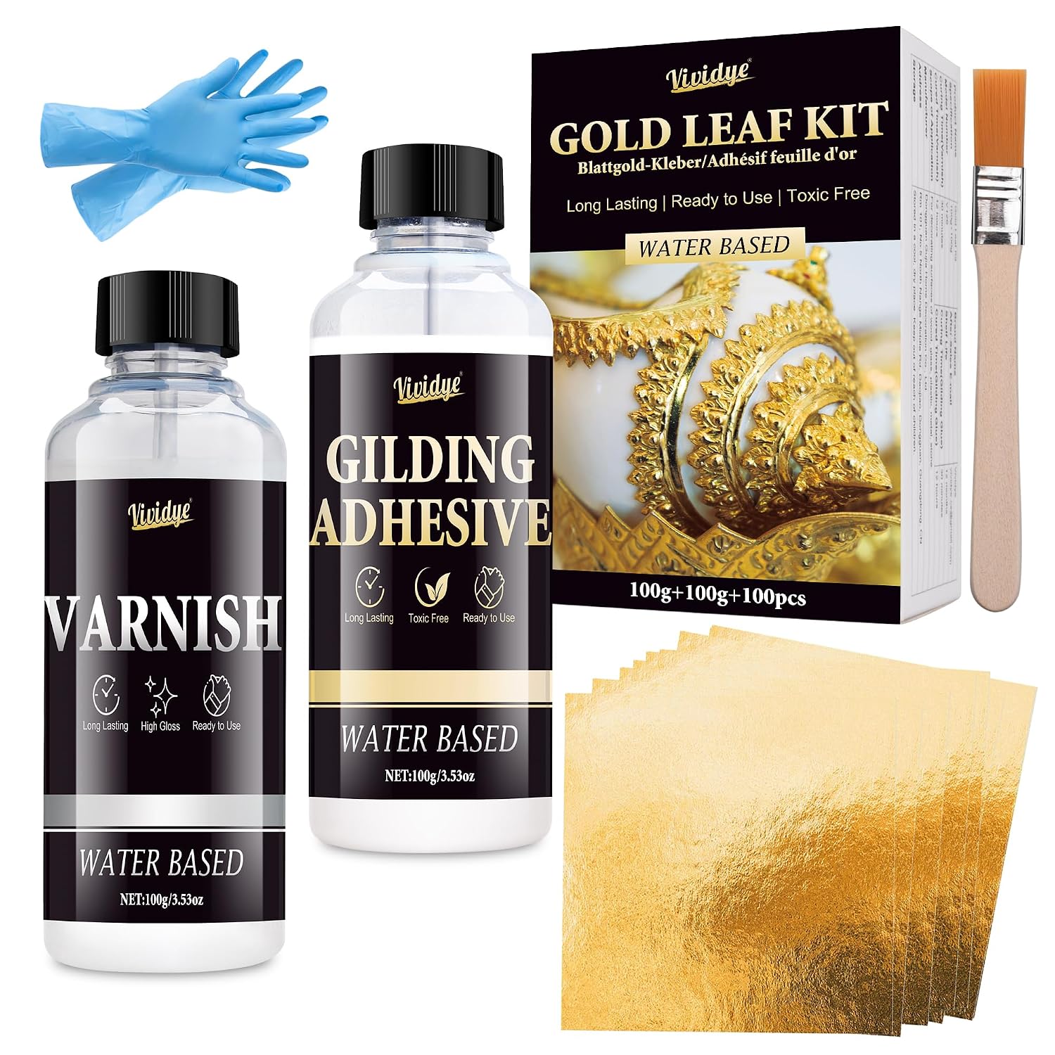 Gold Leaf Gilding Adhesive Set - 100ml Water Based Glue & 100ml Protective Varnish, Gold Leaf Sheets 100pcs, Fast dry Gilding Adhesive for Art, Crafts, jewelry, Furniture and Painting, Long-Lasting
