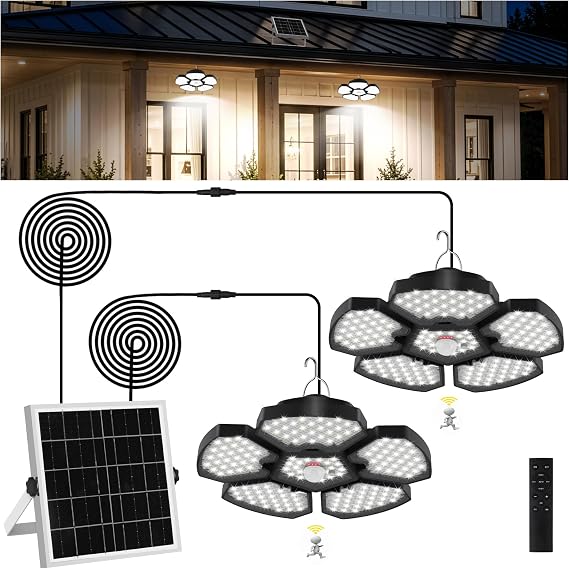 T-SUN Solar Shed Light Indoor Outdoor,1200LM Motion Sensor Pendant Light | IP65 Waterproof,Motion Sensing,Split Design,5 Lighting Modes Remote Control,Solar Light for Shed Garden Gazebo Garage Home