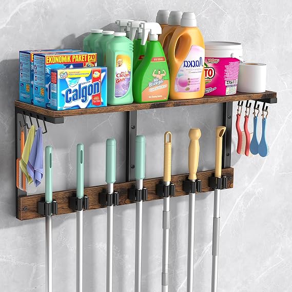 Housolution Wall Mount Broom Holder Hanger Laundry Room Storage Shelves