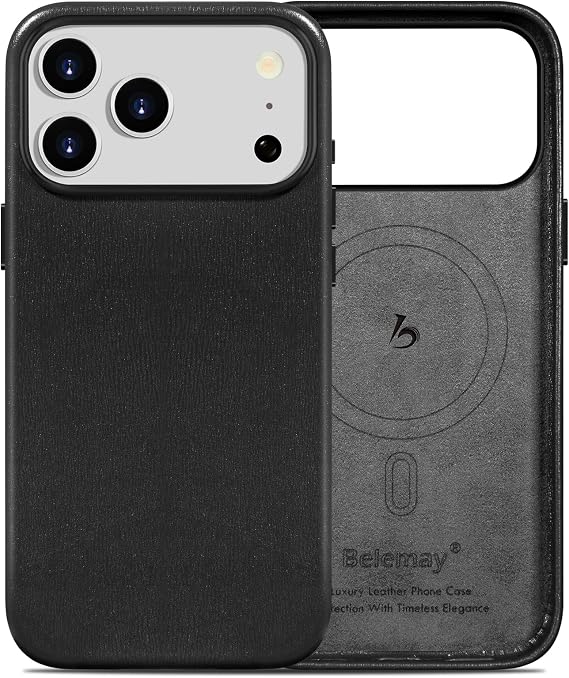 Belemay Handcrafted Textured Leather Case for iPhone 17 Pro, Black