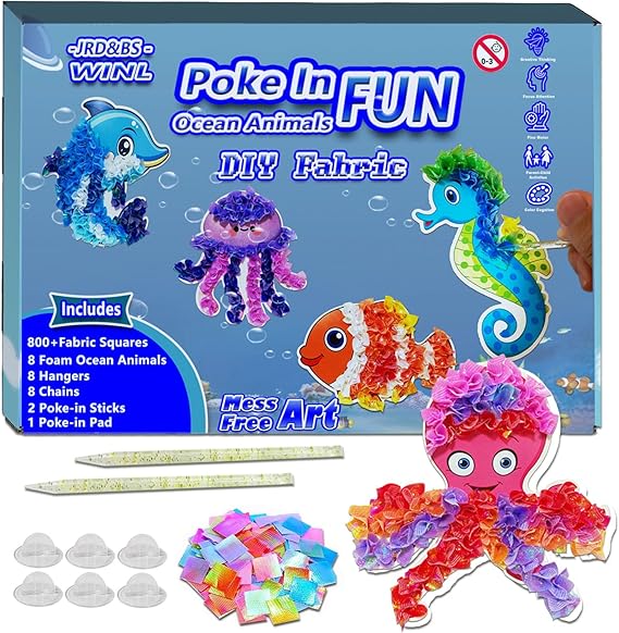 mom&myaboys Mess-Free Poke Art for Kids Ages 4-8 - Ocean Animals Craft Kit (8 Sea Creatures: Jellyfish, Dolphin, Turtle & More) | Beginner Sewing Toys for Toddlers | Creative Gift for Girls and Boys