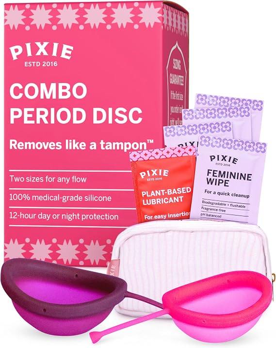 Pixie Medium & Large Menstrual Discs for Feminine Care Soft Reusable Period Discs Made with 100% Medical-Grade Silicone 12-Hour Wear Holds up to 5 & 7 Tampons
