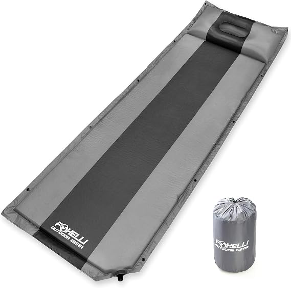 Foxelli Self Inflating Sleeping Pad for Camping, Backpacking, Hiking, Insulated Foam Lightweight Camping Mat, Inflatable Camp Mattress with Pillow