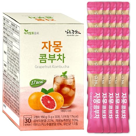 Grapefruit Kombucha Powder Drink - 150 g (30 Sticks) Low-Calory Sugar-free Diet Drink With Hibiscus Probiotics & Vitamin C Refreshing Sparkling & Vegan