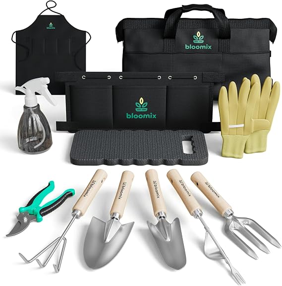 Bloomix 12 Pcs Gardening Tools Set - Heavy Duty Garden Tools Set with Tool Bag, Kneeling Pad, Apron & More Garden Accessories - Stainless Steel Plant Care Kit Supplies, Gardening Gifts for Women Men