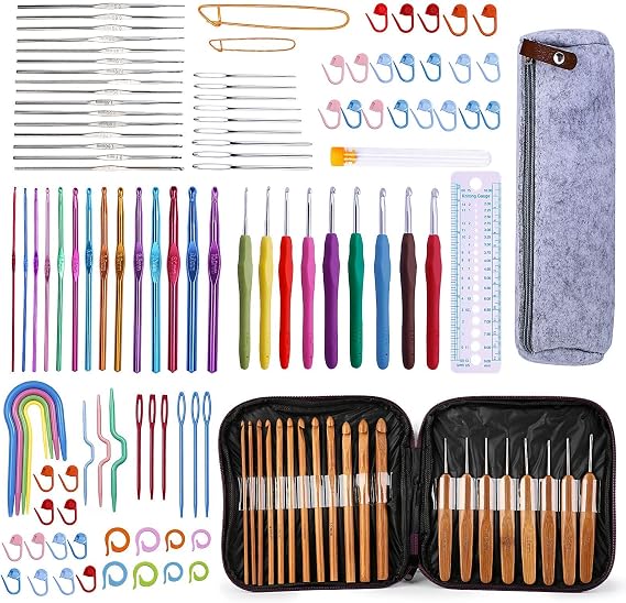 Mayboos 145 Pcs Crochet Hooks Set, Crochet Hooks Kit Plus Large Eye Blunt Needles Ergonomic Yarn Knitting Needles Marking Clips Tools Set with Crochet Needle Accessories