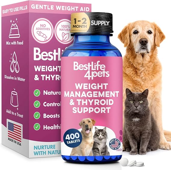BestLife4Pets Weight Loss for Dogs - 400 Pills | Cats Natural Thyroid Support Gentle Metabolism Booster to Restore Vitality in Senior Or Sluggish Pets Help Manage