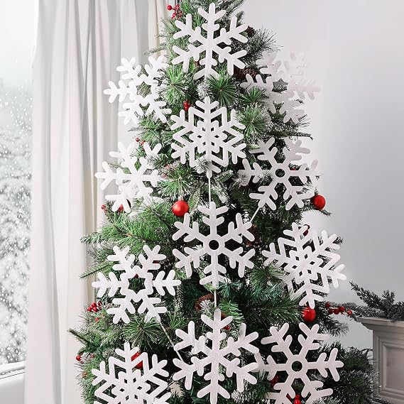 Christmas Decorations Indoor Tree Picks: 12 pcs Large Glitter Snowflake Christmas Ornaments, Cute Snowflake Pick Ornaments with Silver Powder for Xmas Tree Topper Home Office Holiday Party Vase Decor