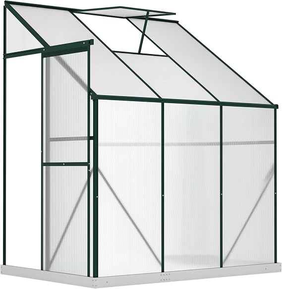 Outsunny 6' x 4' x 7' Hobby Greenhouse, Walk-in Lean-to Polycarbonate Hot House Kit with Aluminum Frame, Sliding Door, Roof Vent, Green