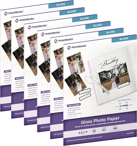 PrintWorks Glossy Photo Paper 8.5" x 11" - 180 Sheets - 8.5 mil/180 gsm Thickness - Glossy Inkjet Paper Ideal for Craft & School Projects - Instant Dry Reflective Finish (00470C)