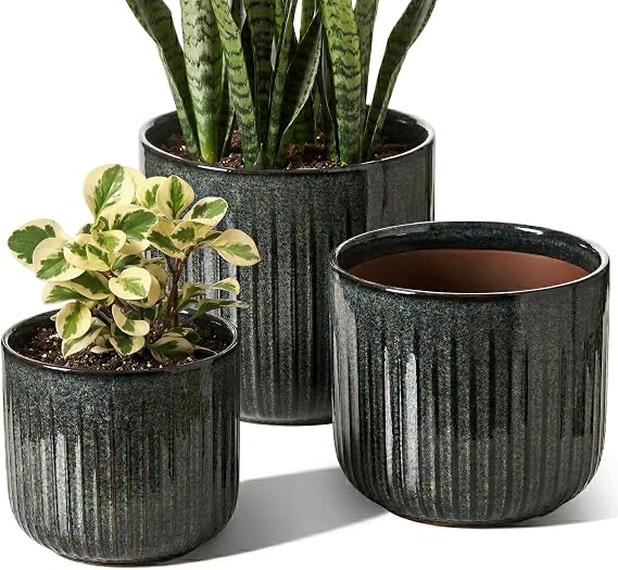 LE TAUCI Ceramic Pots for Plants, 8.3/7/6 Inch Indoor Planters with Drainage Holes & Mesh, Modern Glossy Glaze Cylinder Fluted Plant Pot for Snake Plant, Set of 3, Dark Olive