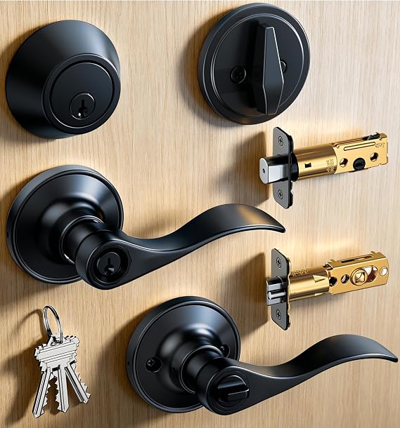 Veise Keyed Alike Exterior Door Handle Lock Set with Deadbolt, Front Door Lever Lock with Single Cylinder Deadbolt Combination Set, Wave Zinc Alloy Style Door Knob keyed Entry Lock, Matte Black