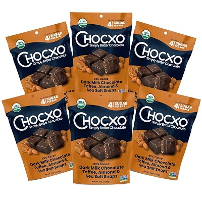 Chocxo Dark Milk Chocolate Toffee, Almond & Sea Salt Snaps - Lower Sugar, 69% Organic Cacao, NonGMO, Keto, Gluten Free, Kosher. No Artificial SweetenersSugar Alcohols, 3.45 oz Pack of 6