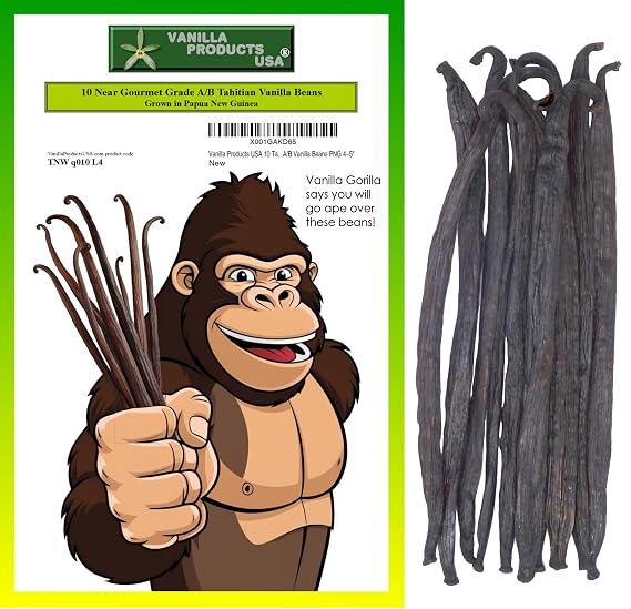 Vanilla Products USA 10 Tahitian Near Gourmet Grade A/B Vanilla Beans PNG 4~5"