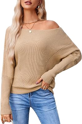 Women Off The Shoulder Sweater Batwing Long Sleeve Loose Fit Knit Pullover Tops Casual Fall Jumper Tops 2024