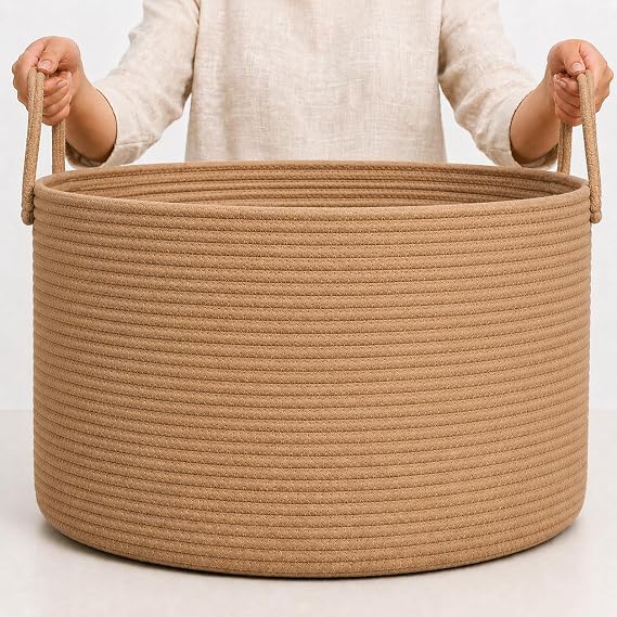 OrganiHaus Round Toy Basket & Blanket Basket, Cotton Rope 20x13" | Full Honey - Round Cotton Rope Basket, 20x13"