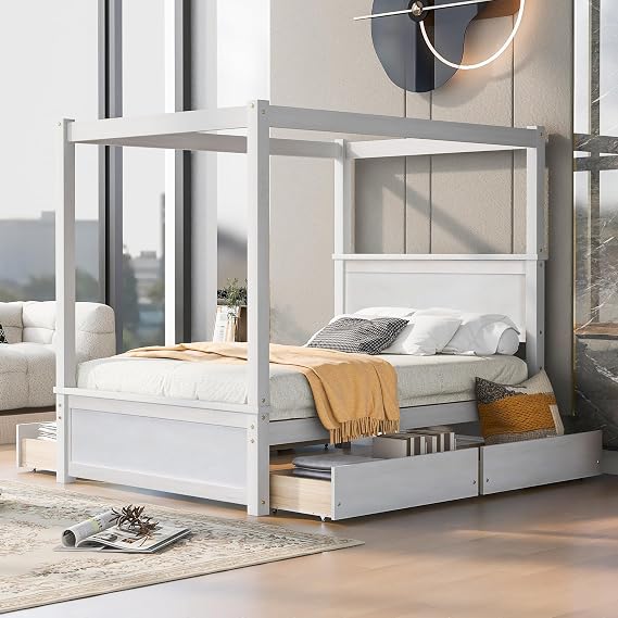 Full Size Platform Bed, Wood Canopy Bed with 4 Drawers, Full Size Canopy Platform Bed with Support Slats, Brushed White