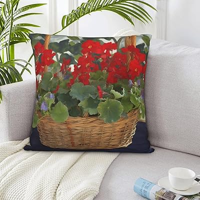 Throw Pillow Covers 16x16 Geranium Basket Pillow Covers Decorative Square Pillowcases Soft Cozy Cushion Cases for Home Living Room Sofa Couch Bed
