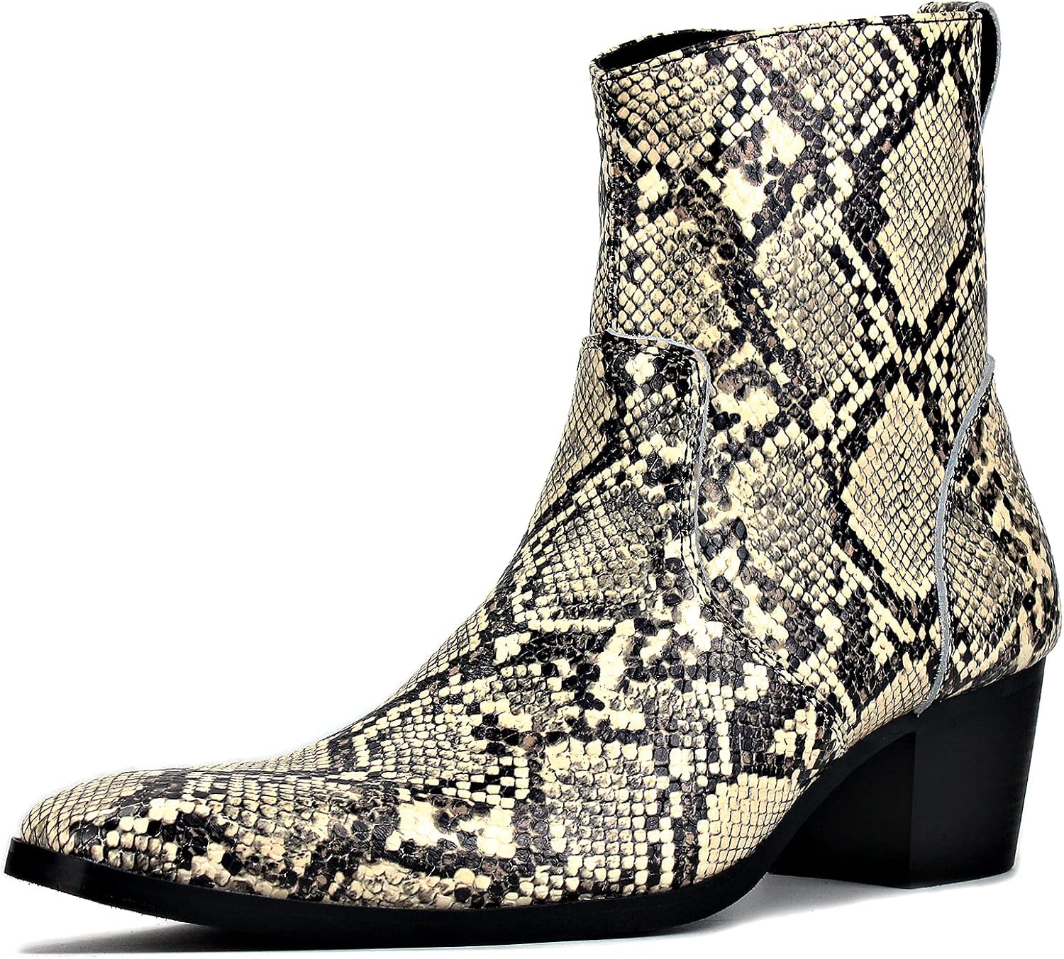 OSSTONE Men Chelsea Ankle Boots Leather Snake Print Chukka Motorcycle Boots with Side Zipper Heel Retro Dress Boots JY019-R