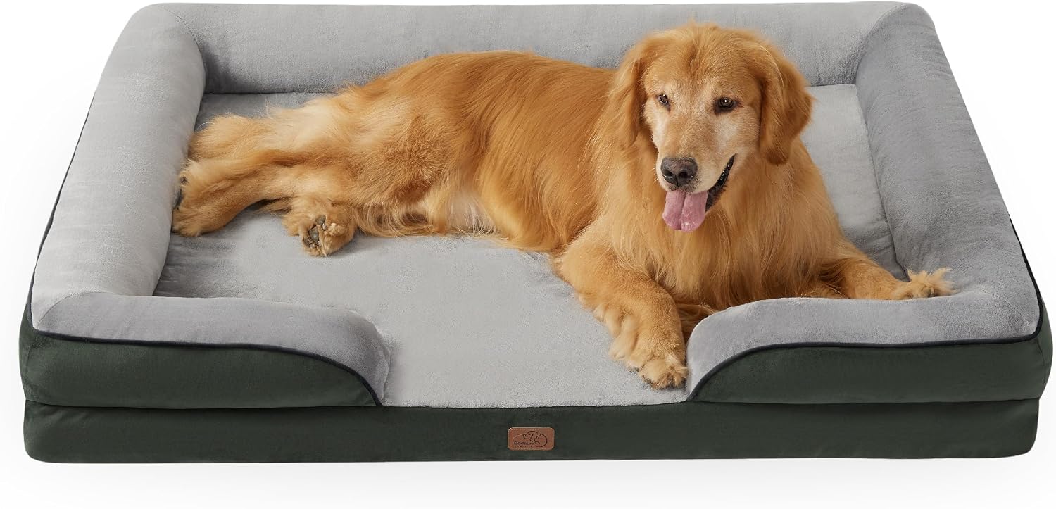 BEDSURE Orthopaedic Dog Bed Ergonomic Dog Sofa 134 x 106 cm Dog Couch with Egg Carton Foam for Large Dogs Washable Non-Slip Dog Beds Fir Green