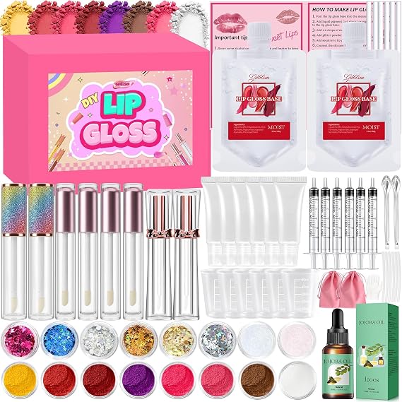 Lip Gloss Making Kit- DIY Lip Gloss Set for Women, Make Your Own Lip Gloss with Moisturizing Lip Gloss Base, Pigments, Glitter, Jojoba Oil, Fun Lipstick Making Kit Gifts for Women Makeup Lover