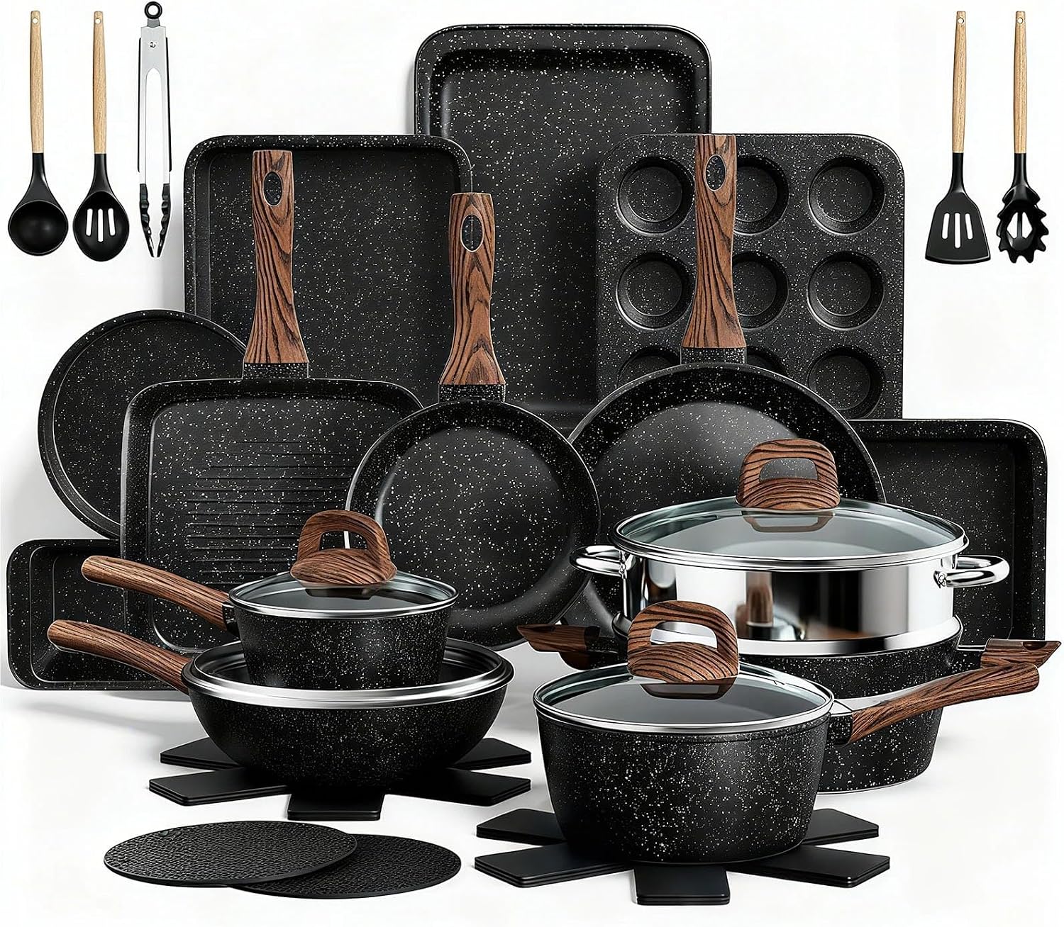 Terlulu Pots and Pans Set Non-Stick, 31PCS Induction Hob Cookware & Bakeware Set, Induction Pan Set with Frying Pans, Grill Pan & Saucepans W/Lids, Black Granite Kitchen Cooking Set, PFOA & PFOS Free