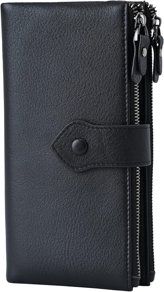 Bveyzi Women Soft Leather RFID Blocking Bifold Slim Wallets Ladies Credit Card Holder Double Zipper Pocket
