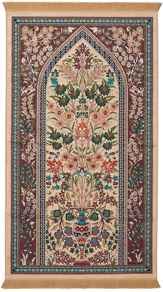 Muslim Prayer Rug | 25'' x 45'' Turkish Velvet Islamic Praying Mat for Men, Women, Kids | Patterned Janamaz Carpet Ramadan Sajadah Islam Namaz Rugs (Camel)
