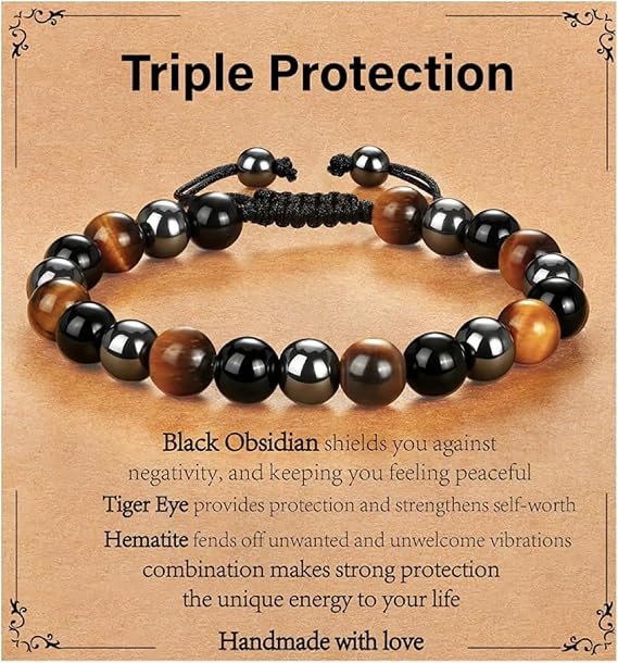 Black Obsidian Hematite Tiger Eye Beaded, 8mm Mens Bracelet Natural Stone Protection Bracelet for Men Triple Protection Mens Jewelry Gifts