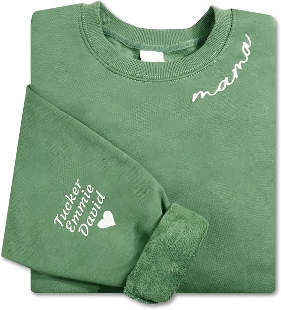 PUREFLY Mothers Day, Personalized Gifts for Mom Embroidered 380GSM Mama Sweatshirts with Kids Name on Sleeve for Women, Custom Crew Neck Sweater, For Mother, Grandma, Auntie