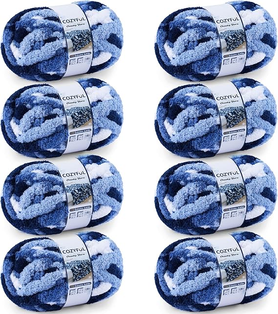 Cozyful Chunky Yarn for Hand Knitting - #10 Chunky Chenille Blanket Yarn, Jumbo Big Thick Chunky Yarns for Crocheting, Tie Dye Bulky Knit Yarns, 8 Skein (25 yds 8 oz Each Skein), Multi Blue & White