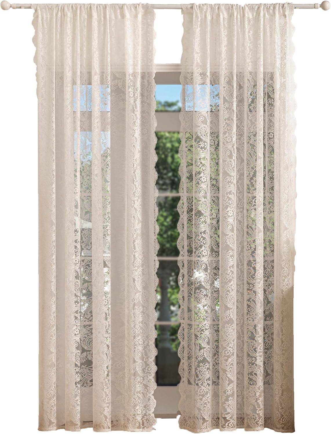 Jayla Beige Lace Sheer Curtains for Bedroom - Sheer Lace Curtains for Living Room, Floral Embroidered Farmhouse Window Drapes Vintage European Tulle Retro Style, Rod Pocket, 2 Panels Set, 52W x 54L