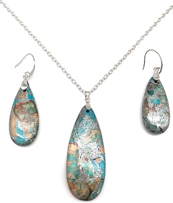 Teardrop Sea Sediment Imperial Jasper Natural Stone Gemstone Necklace Pendant & Drop Dangle Hook Earrings Jewelry Set For Women
