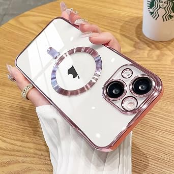 Magnetic for iPhone 14 Clear Case 6.1 Inch with 3 Pack Screen Protector, Support for MagSafe Accessories, Camera Lens Full Protection, Shockproof Plating Clear Phone Cover Case - Pink
