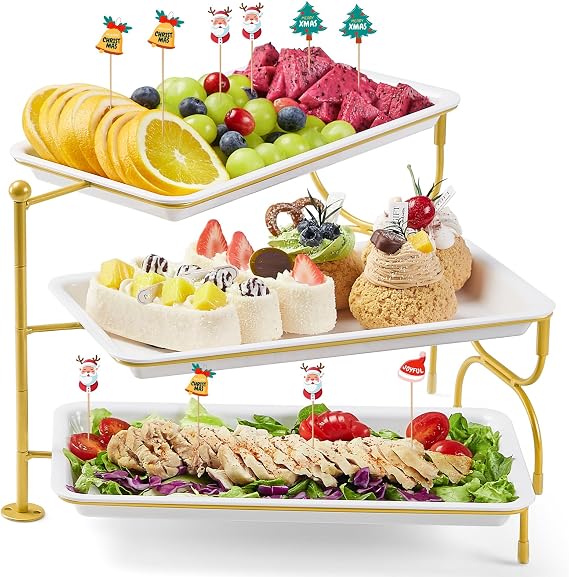 Lifewit 3 Tier Serving Tray for Party, Plastic Tiered Food Serving Platters | 12" x 6.5" White Serving Dishes with Gold Rotating Metal Stand for Dessert, Fruit, Buffet Display, Party Hosting Essentials