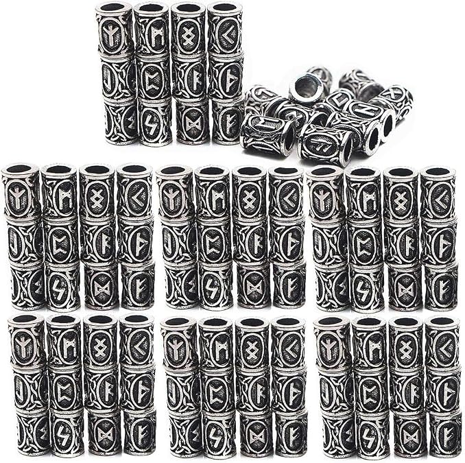 72 Pieces Norse Viking Rune Beads Hair Beard Pendant Antique DIY Bracelet Jewelry Pendants Necklace Braid Accessories Beard Beads for Men Braids Locs Viking Jewelry Enthusiasts, Silve