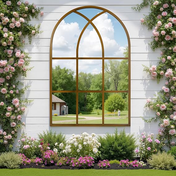 Reflix Arched Window Mirror, 75x100 cm Wall Mirrors for Decor Garden Outdoor, Distressed Gothic Arch Mirror with Aluminum Frame for Hallway,Living Room,Bedroom, Entryway, Bronze